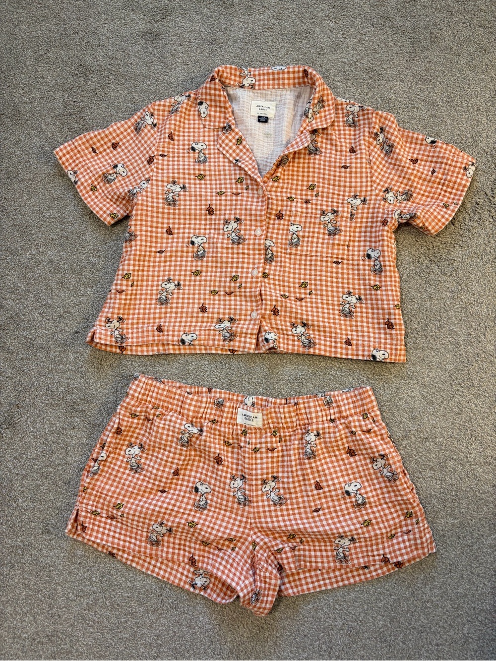 American Eagle Outfitters Orange Gingham Snoopy Short Pajama Set